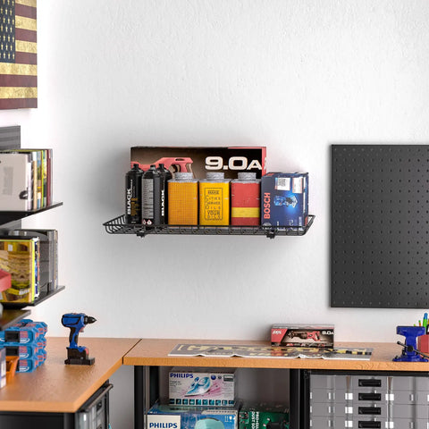 Heavy Duty Wall Mounted Storage Shelf Set For Garage And Home 24 By 12 Inch Metal Shelves Two Pack Workhorse Sturdy Steel Wall Rack with tools and boxes displayed