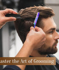 Professional Hair Cutting Razor Kit With Stainless Steel Feather Styling Blade And 11 Replacement Inserts For Pro Thinning Texturizing and Precision Cuts in use on a male hairstyle.