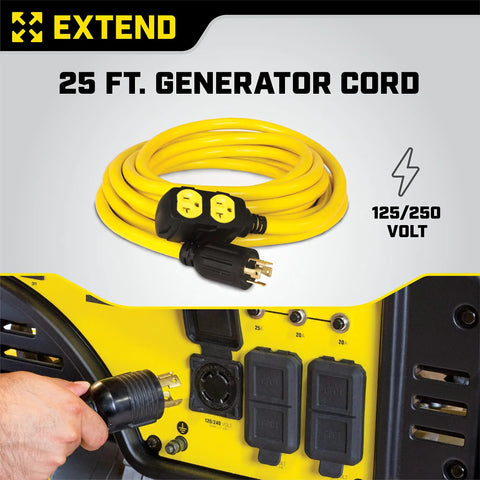 Heavy Duty 25 Foot Generator Extension Cord From L14-30P To Four 5-20R, 30 Amp 125/250-Volt Locking Outlet To Household Outlets
