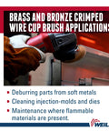 Using a grinder with a 6 Inch Crimped Wire Cup Brush With Bronze Fill, Non-Sparking on metal surface