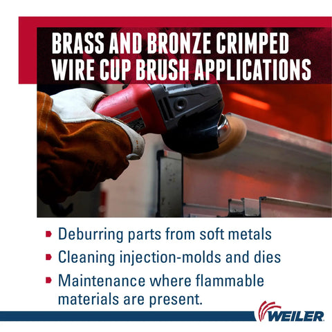 Using a grinder with a 6 Inch Crimped Wire Cup Brush With Bronze Fill, Non-Sparking on metal surface