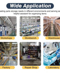 Collage image showing wide application of storage solutions in workshops, workbench, warehouse, factory, repair shop, and laboratory.