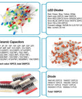 1400 Piece Electronics Component Kit With LEDs Diodes Resistors Electrolytic And Ceramic Capacitors Transistors For Arduino And DIY Projects showing various components including LED diodes, ceramic capacitors, and assorted diodes.