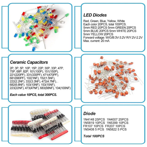 1400 Piece Electronics Component Kit With LEDs Diodes Resistors Electrolytic And Ceramic Capacitors Transistors For Arduino And DIY Projects showing various components including LED diodes, ceramic capacitors, and assorted diodes.