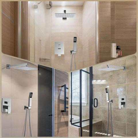 12 Inch Rain Shower System With Wall Mount Faucet, 2-In-1 Handheld Showerhead, Polished Chrome, Anti-Scald in Bathroom Setup