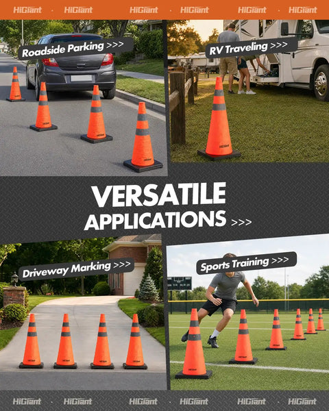 2 Pack 28 Inch Orange Collapsible Traffic Cones With Quick Pull Setup And Slick Fold Flat Storage Perfect For Road Marking Parking Lots And Street Safety Projects in various outdoor applications.