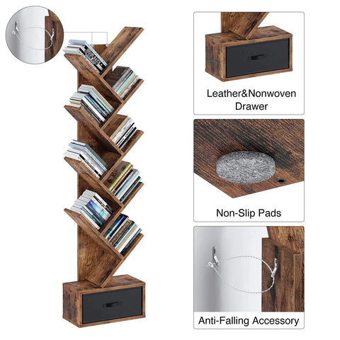 Dope Vintage Tree Bookshelf With Nine Shelves And Side Drawer, Solid Wooden Corner Storage Rack For Books Vinyl Records Decor, Rustic Brown Shelf Vibe Straight Fire Display For Your Chill Space
