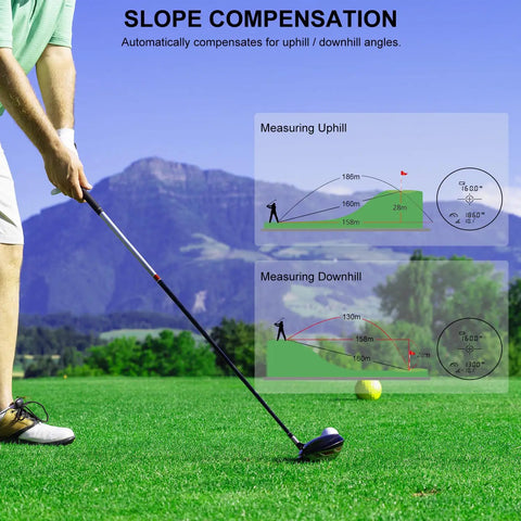 Golfer using High Precision Golf Rangefinder with Slope, Flag Lock, 6.5X Magnification, 1200 Yard Range, Rechargeable Battery on course.