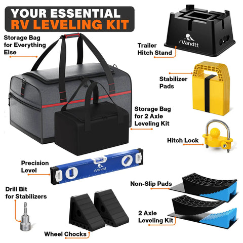 Complete Two Axle Travel Trailer Leveling And Stability Kit With Hitch Stand, Stabilizer Pads, Wheel Chocks, Drill Bit, Hitch Lock