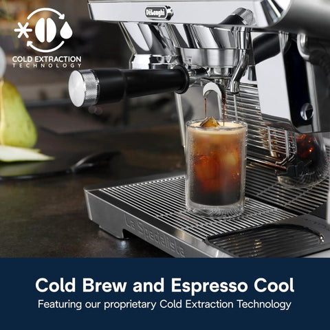 Close-up of La Specialista Maestro Espresso Machine With Grinder And Auto And Manual Milk Frother Barista Grade, showcasing Cold Extraction Technology.