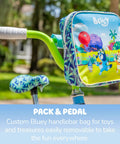 Bluey handlebar bag on 12 inch Bluey Themed Girls BMX Bike with coaster brake, steel frame, training wheels, colorful decals.