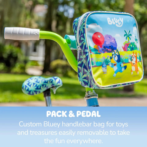 Bluey handlebar bag on 12 inch Bluey Themed Girls BMX Bike with coaster brake, steel frame, training wheels, colorful decals.