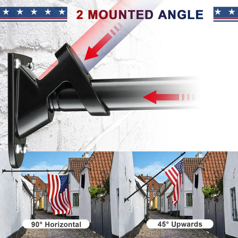 Five Foot Heavy Duty Outdoor Flag Pole Kit With 3x5 Embroidered US Flag No Hassle Tangle Free Rings Stainless Steel Pole Bracket Holder Includes All Mounting Hardware Black mounted at two angles on a house.