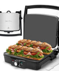 Bakers Friend Stainless Steel Panini Press Electric Griddle And Sandwich Maker Grill with non stick plates, grilling multiple toasted subs.