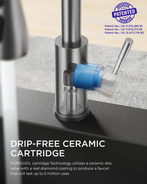 Close-up of stainless steel drip-free ceramic cartridge in Brushed Nickel Kitchen Faucet With Pull Down Sprayer