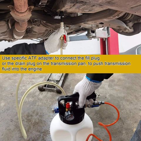 Real Deal Pneumatic Fluid Extractor And Automatic Transmission Oil Dispenser Kit, connecting ATF adapter under vehicle.