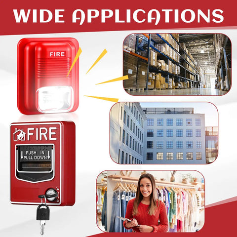 4 Pack Fire Alarm Pull Station Set With Dual Action Manual Call Point 12 24V DC Sound And Light Emergency Alarm Keyed Security Horn Buzzer with diverse applications, including warehouse and office settings.