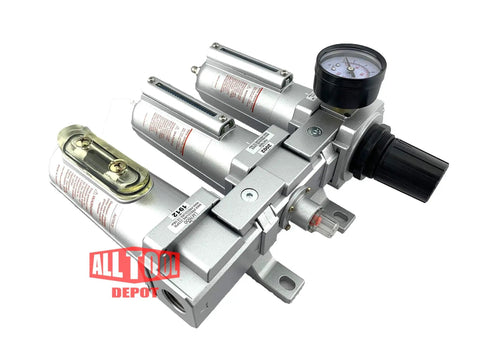 Heavy Duty Three Quarters Inch NPT Industrial Grade Filter Regulator Coalescing Desiccant Dryer System with metal bowls and manual drain