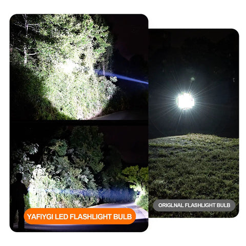 Comparison of YAFIYGI LED and original flashlight bulbs highlighting brightness with 2 Pack LED Flashlight Replacement Bulbs PR2 P13.5S
