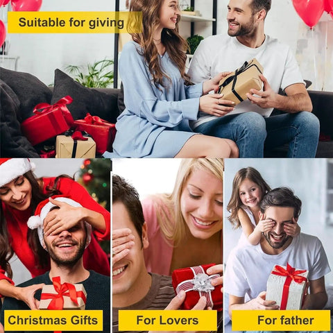 Collage of cheerful people exchanging gifts for Christmas, lovers, and fathers, highlighting joyful gift-giving moments.