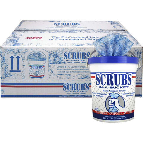 In A Bucket Hand Cleaner Towels 6 Pack Blue Dual Texture Cleaning Towels With Citrus Scent on display in front of packaging box.