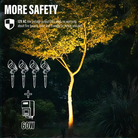 Tree illuminated by 4 Pack Low Voltage Outdoor Landscape Flood Lights 5W LED Kit, 400 Lumen Black Waterproof Spotlights, nighttime scene
