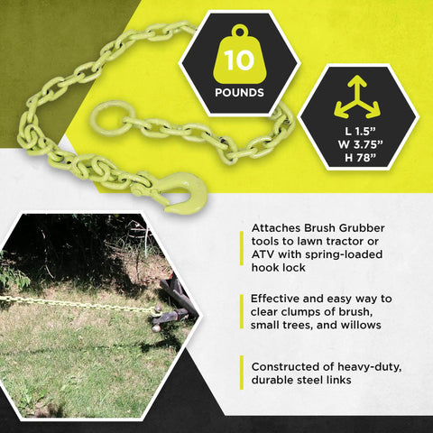 6 Foot Steel Tugger Chain With Anti Backlash Design for attaching tools to ATV shown with dimensions and weight details.