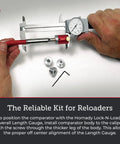 Hands using Bullet Comparator Basic Set for Lock N Load to Measure Seating Depth from Ogive to Base on Loaded Rounds