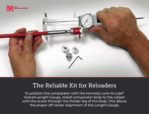 Hands using Bullet Comparator Basic Set for Lock N Load to Measure Seating Depth from Ogive to Base on Loaded Rounds