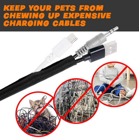 Image of Braided Split Sleeve Cable Management for Cars and Home, showing cables organized and protected from pets.