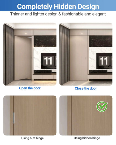 Heavy Duty Concealed Door Hinges 7 Inch Black Set Of 2 Hidden Hinges For Doors demonstration open and closed