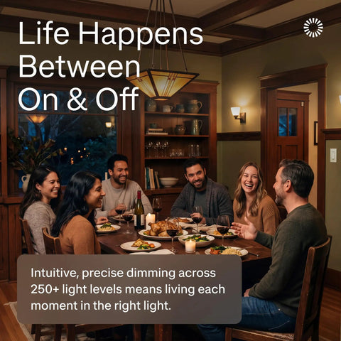 Buttery Smooth LED Dimmer Switch With Sleek Paddle Design For Single Pole And Three Way Installations To Banish Flicker And Buzz While Serving Up Straight Up Reliable Light Control For Everyday Bulbs Around The House in a cozy dining setting with friends.