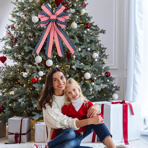 Two Pack Large Patriotic Wreath Bows 20x12 Inches Red White And Blue Star And Stripe Pattern on Christmas tree