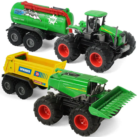 Four Piece Die Cast Farm Toy Set With Tractor And Trailers Including Combine Harvester, Monster Spreader Trucks And Trailer