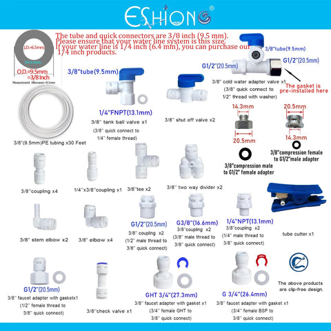 Front view of ESHIONG NSF certified 3/8 in push-to-connect RO fittings kit with 30 pcs and 30 ft 3/8 in tubing
