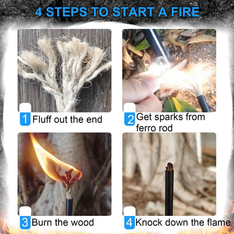 4 steps to start a fire with 5 Inch Flint And Steel Fire Starter Kit With Two Waxed Tinder Cords And Paracord For Camping And Hiking
