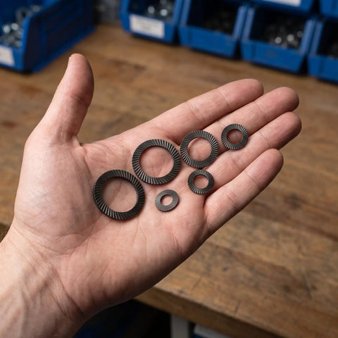 72 Piece Set Double Tooth Lock Washers Black Ironclad Grip 65mn Steel Self Locking Wedge Hardware in hand for trucks and gear.