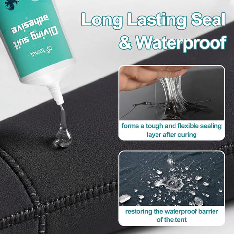 Heavy Duty Wetsuit Repair Glue And Waterproof Sealant For Dive Gear Upkeep applied on neoprene seam for strong waterproof seal.
