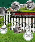 No Dig Garden Fence Barrier Set, 19 Piece Arch Metal Fence Panels in black installed in yard with raccoon, close-up view.