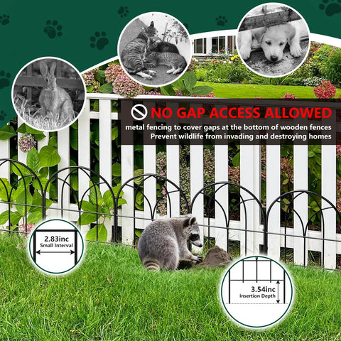 No Dig Garden Fence Barrier Set, 19 Piece Arch Metal Fence Panels in black installed in yard with raccoon, close-up view.