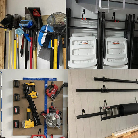 Heavy Duty Garage Storage Hooks 7.5 Inch Wall Mount Hangers for ladder chairs garden tools ski gear brooms and bulk items built tough with alloy steel organizer for workshop and shed, showing organized tools in garage.