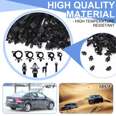 200 Piece Car Wire Loom Routing Clips Push Mount Assortment DIY Friendly With Nylon Cable Ties And Retainers 15 Size Types displayed