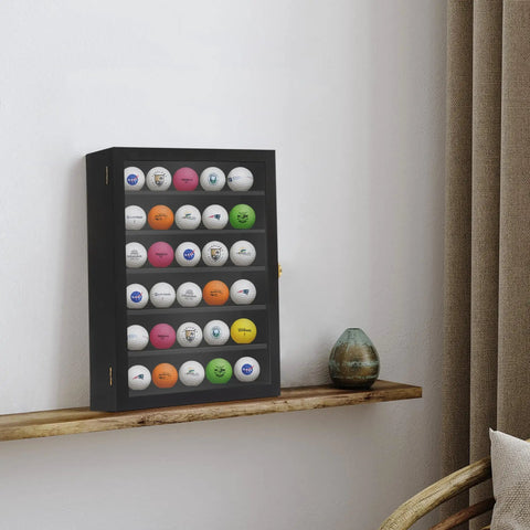 Lockable Wall Mount Golf Ball Display Case Holds Up To 35 Balls With Polished Plexiglass Circle Shelves Durable Black Finish