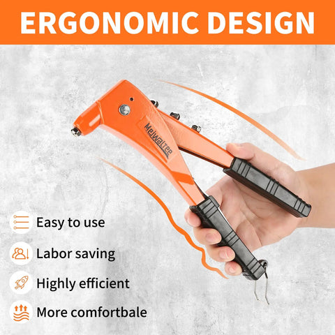 Heavy Duty Professional Rivet Gun Kit With 200 Aluminum Pop Rivets And 4 Drill Bits, ergonomic design with orange handle.