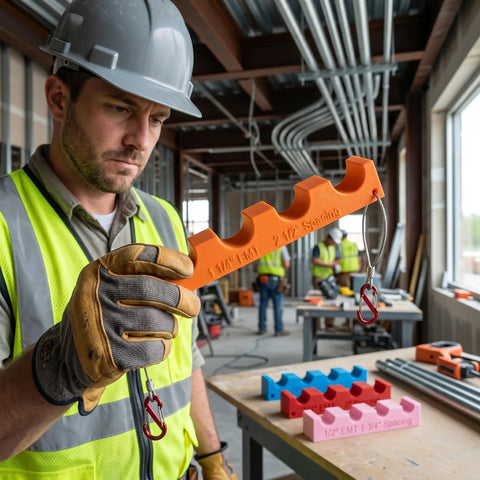 EMT Conduit Spacer Kit For Electricians 4 Piece Set With Magnetic Spacers And Precision Offsets For One And Three Quarter Inches, Two Inches, And Two And A Half Inches Pipe Runs Pro Grade Tool For Neat Code Worthy Wiring. Orange EMT spacer held on site