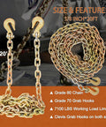 Heavy Duty 3/8 Inch 20 Foot G70 Transport Binder Chain With Clevis Grab Hooks displayed coiled and uncoiled, showing size and hooks.