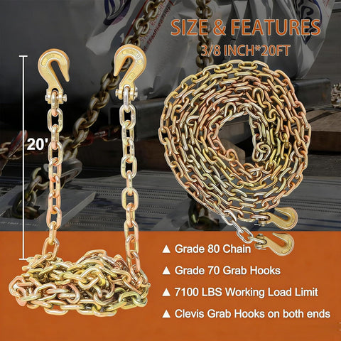 Heavy Duty 3/8 Inch 20 Foot G70 Transport Binder Chain With Clevis Grab Hooks displayed coiled and uncoiled, showing size and hooks.