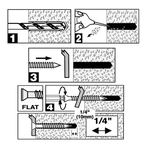 Step-by-step guide for installing Workhorse Heavy Duty Concrete Screw Anchors 3/16 Inch By 1 3/4 Flat Head Wall Plugs.