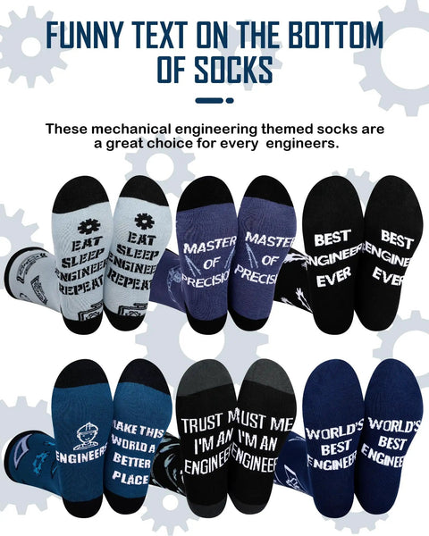 Six Pairs Mens Novelty Engineering Socks Set With Compasses Protractors Gears And Wrenches Cotton Crew Dress Socks Funny Gift For Engineer Dad Grandpa Birthday Fathers Day displayed with funny text on soles.
