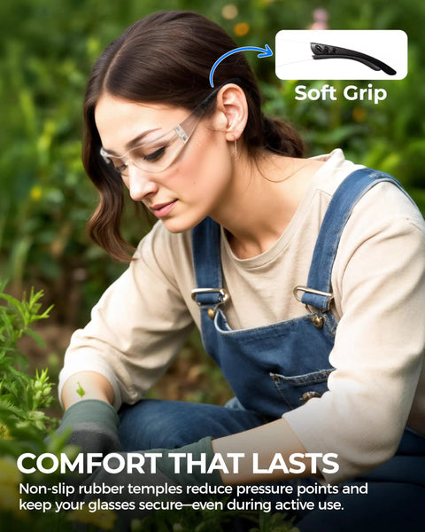 Woman wearing Four Pack Clear Safety Glasses With UV400 And ANSI Z87.1 Standards Built For The Daily Grind Impact Resistant Goggles outdoors.